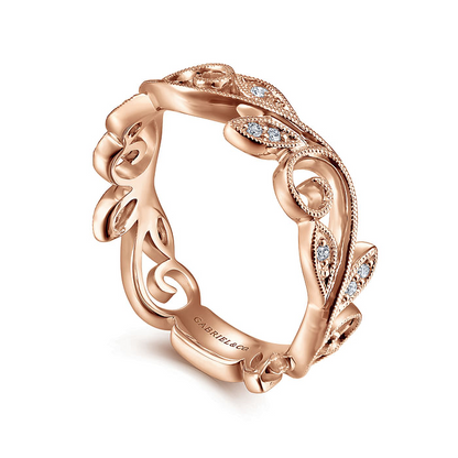 14K Rose Gold Scrolling Floral Diamond Stackable Ring