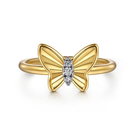 14K Yellow Gold Diamond Diamond Cut Butterfly Ring