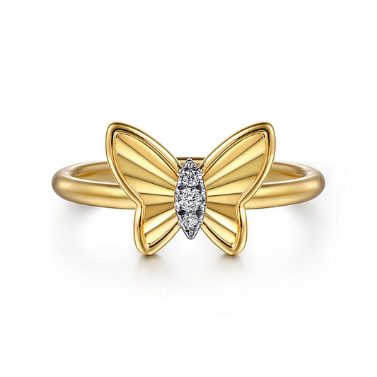 14K Yellow Gold Diamond Diamond Cut Butterfly Ring