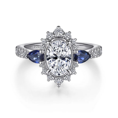 June - 14K White Gold Fancy Three Stone Halo Sapphire and Diamond Engagement Ring