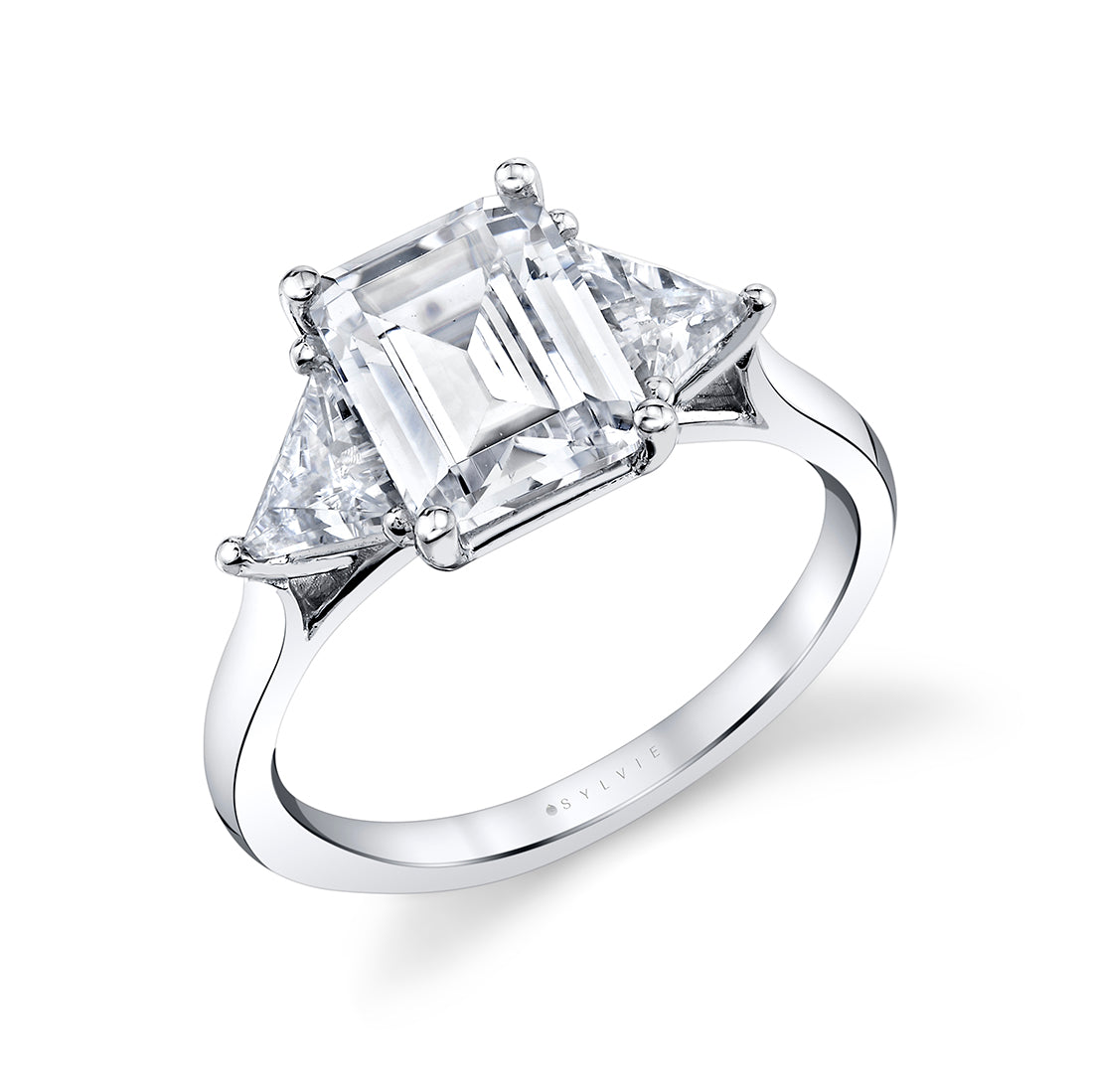14K White Gold Three Stone Emerald Cut Engagement Ring - 0.66 Carats