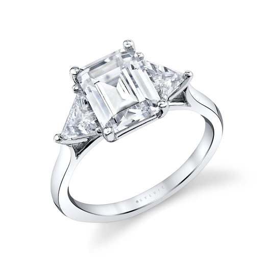 14K White Gold Three Stone Emerald Cut Engagement Ring - 0.66 Carats