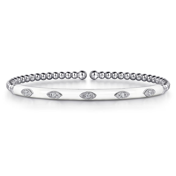 14K White Gold Bujukan Beads and Diamond Split Bangle with White Enamel