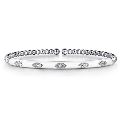 14K White Gold Bujukan Beads and Diamond Split Bangle with White Enamel