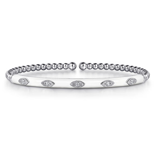 14K White Gold Bujukan Beads and Diamond Split Bangle with White Enamel