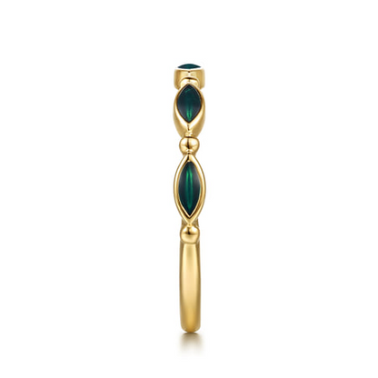 14K Yellow Gold Bujukan Ball and Marquise Shape Stackable Ring with Chrome Green Enamel