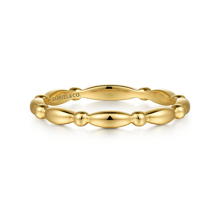 14K Yellow Gold Orzo Shape and Bujukan Bead Station Stackable Ring