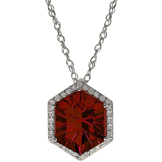 14K Yellow Gold Garnet Hexagon Pendant with Diamond Halo