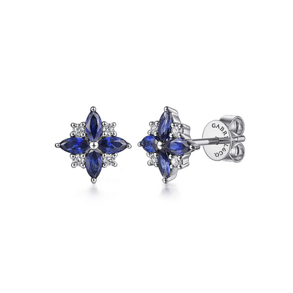 14K White Gold Diamond and Blue Sapphire Bursting Star Studs