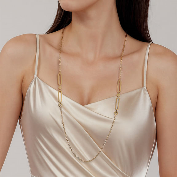 14K Yellow Gold Link Station Necklace With Hollow Paperclip Chain