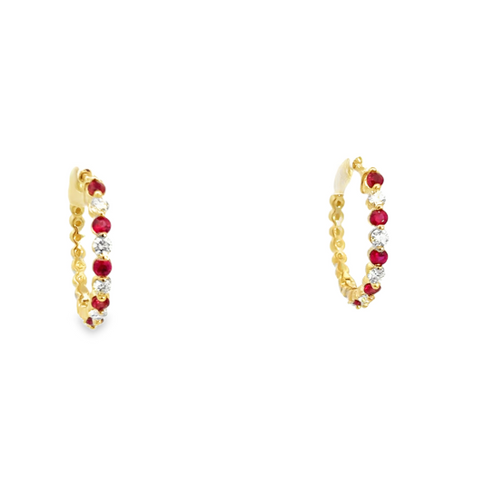 14K YELLOW GOLD DIAMOND AND RUBY HOOPS