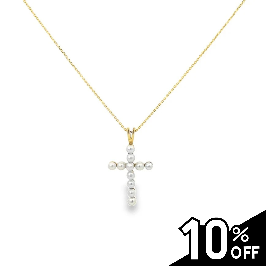 14K Yellow Gold Pearl Cross Necklace