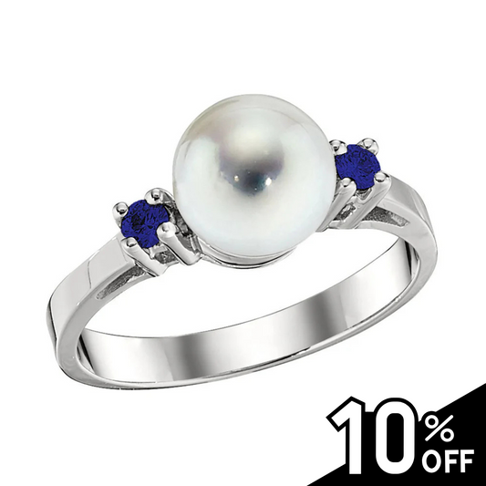 14K White Gold Pearl and Blue Sapphire Ring