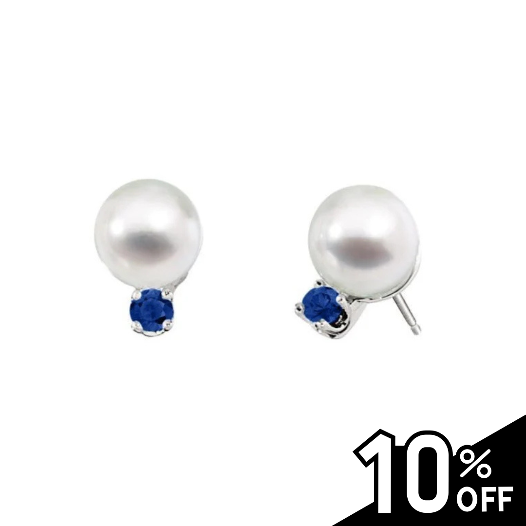 Classic Akoya Cultured Pearl Earrings with Sapphire Accent