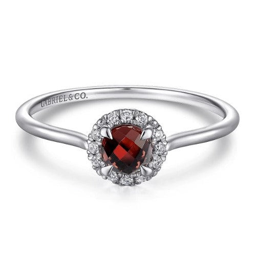 Gabriel & Co | 14K White Gold Garnet and Diamond Halo Promise Ring