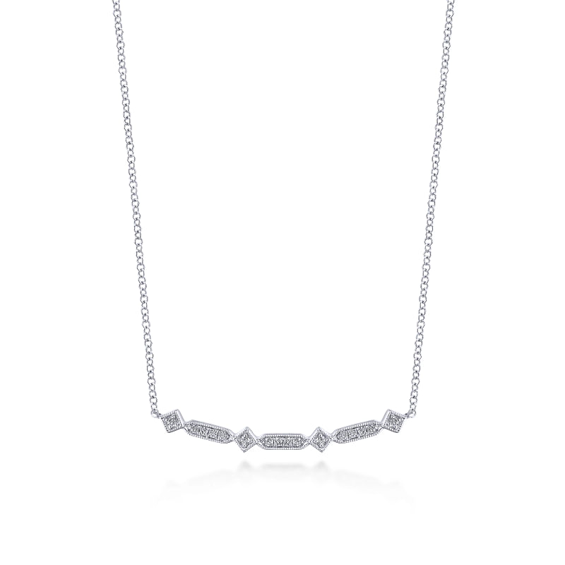 14K White Gold Curved Geometric Diamond Bar Necklace