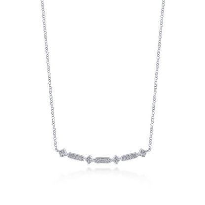 14K White Gold Curved Geometric Diamond Bar Necklace