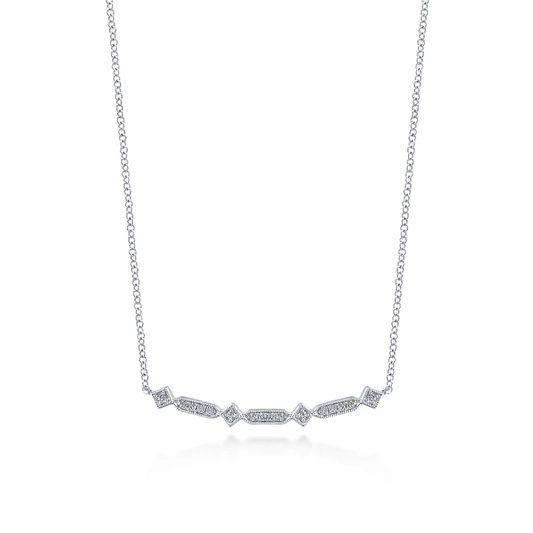 14K White Gold Curved Geometric Diamond Bar Necklace