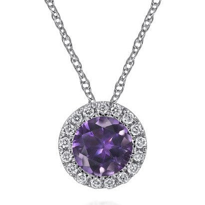 Gabriel & Co | 14K White Gold Amethyst and Diamond Halo Pendant Necklace