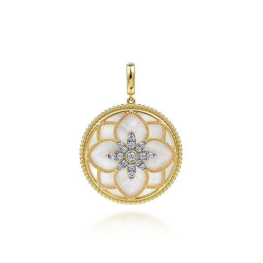 14K Yellow Gold 32mm Bujukan Diamond and Mother of Pearl Medallion Pendant