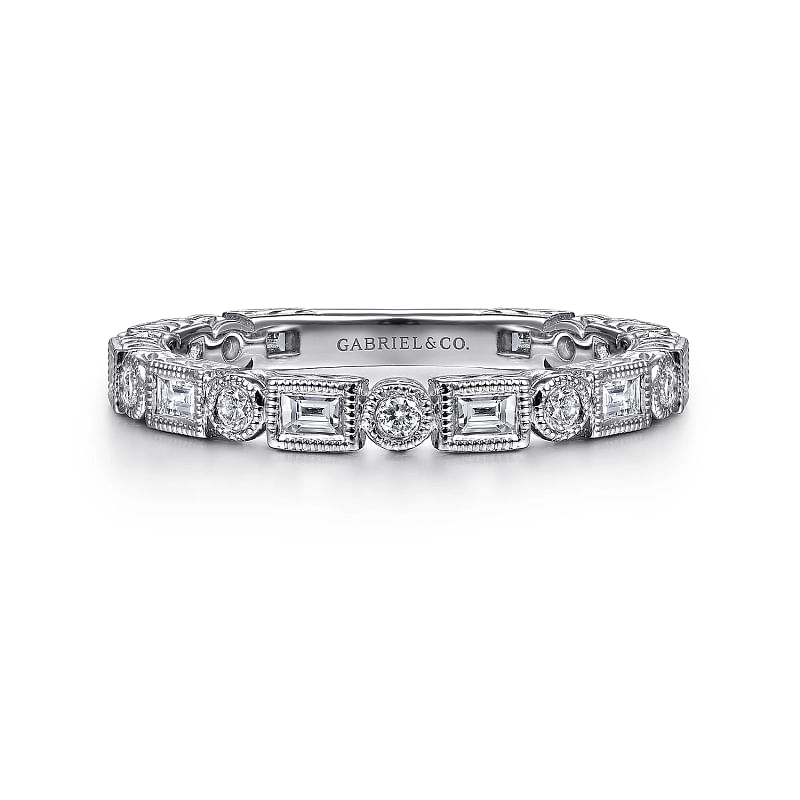 Gabriel & Co | 14K White Gold Baguette and Round Diamond Ring