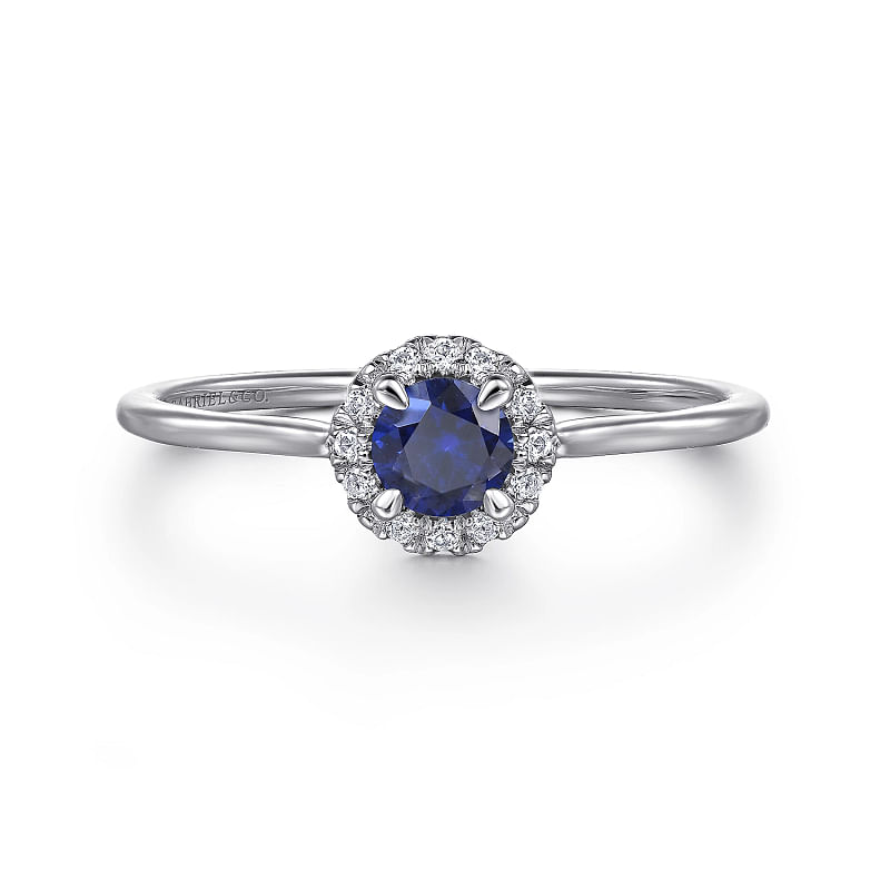 Gabriel & Co | 14K White Gold Blue Sapphire and Diamond Halo Promise Ring