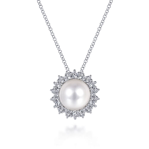 Gabriel & Co | 14K White Gold Cultured Pearl Diamond Halo Pendant Necklace