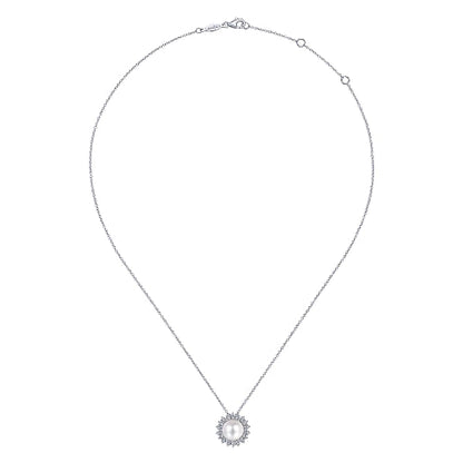 Gabriel & Co | 14K White Gold Cultured Pearl Diamond Halo Pendant Necklace