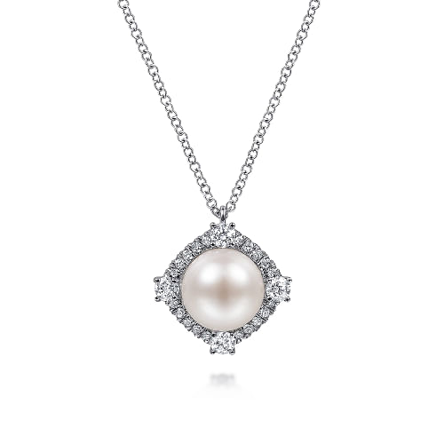 Gabriel & Co | 14K White Gold Cultured Pearl Pendant Necklace with Diamond Halo