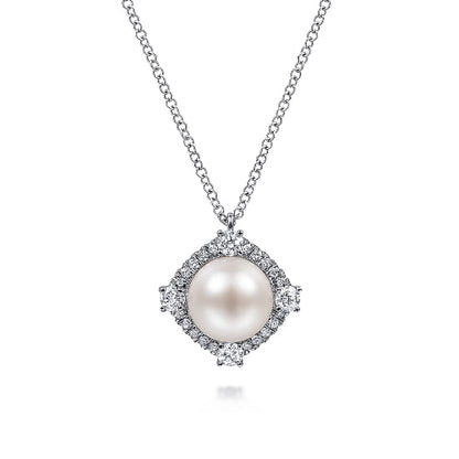 Gabriel & Co | 14K White Gold Cultured Pearl Pendant Necklace with Diamond Halo