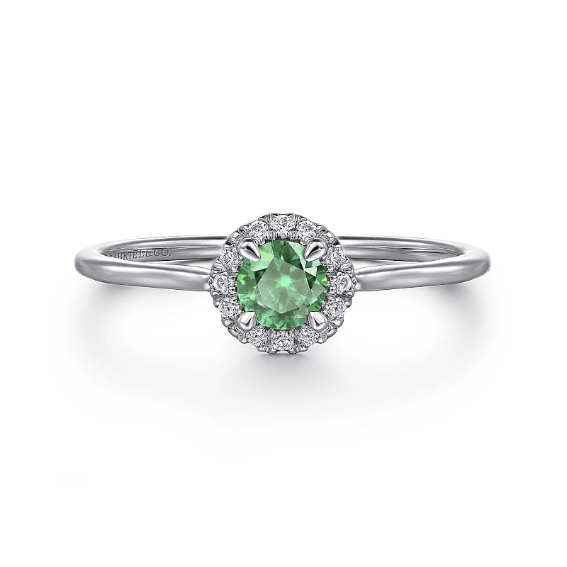 14K White Gold Emerald and Diamond Halo Promise Ring