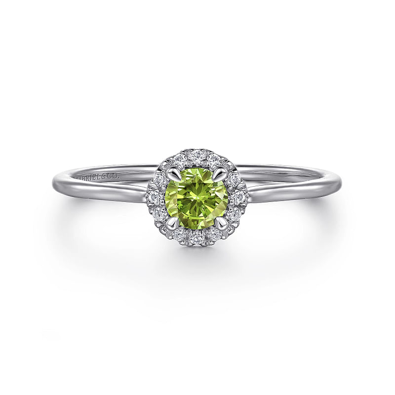 Gabriel & Co | 14K White Gold Peridot and Diamond Halo Promise Ring
