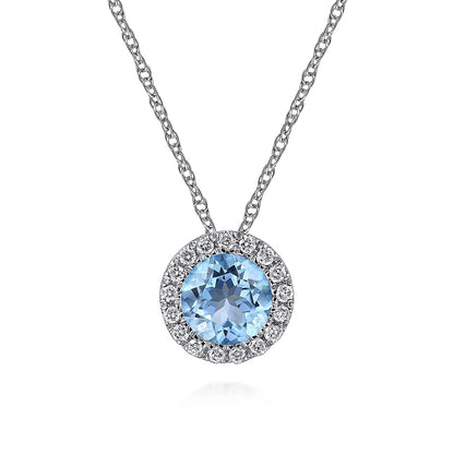 Gabriel & Co | 14K White Gold Blue Topaz and Diamond Halo Pendant Necklace