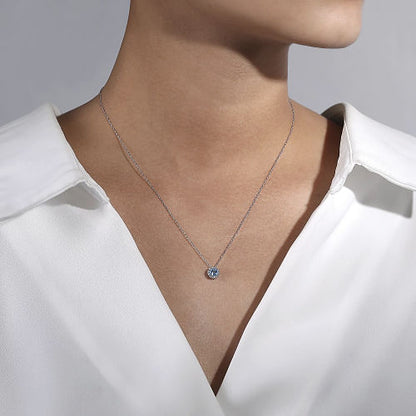 14K White Gold Blue Topaz and Diamond Halo Pendant Necklace