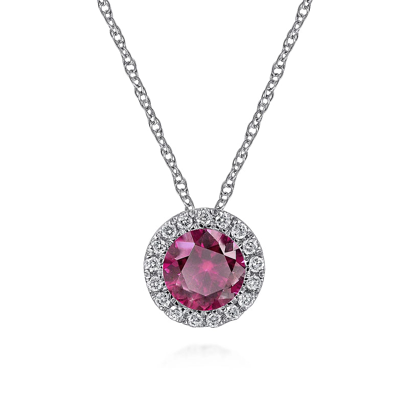 Gabriel & Co | 14K White Gold Ruby and Diamond Halo Pendant Necklace