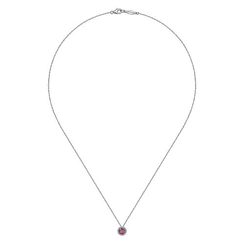 Gabriel & Co | 14K White Gold Ruby and Diamond Halo Pendant Necklace