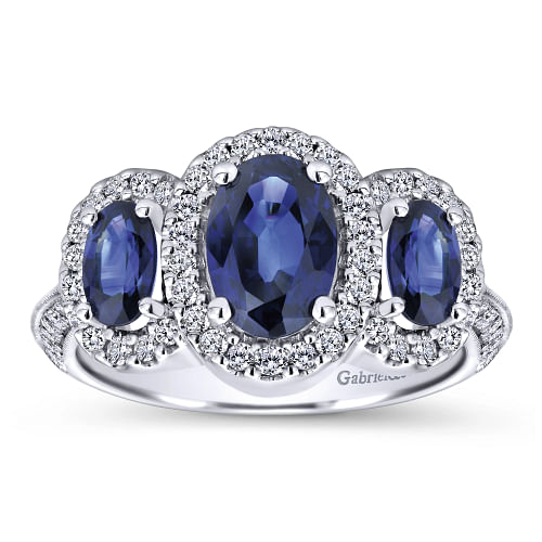 Gabriel & Co | 14K White Gold Three Row Halo Sapphire and Diamond Ring