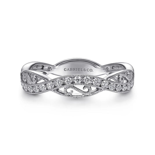 14K White Gold Twisted Filigree Diamond Stackable Ring