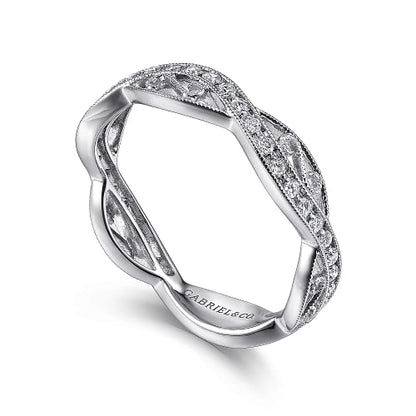 Gabriel & Co | 14K White Gold Twisted Filigree Diamond Stackable Ring