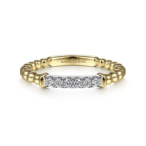 14K White-Yellow Gold Bujukan Band Stackable with Diamond Pave Center Bar