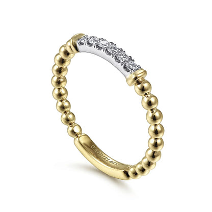 14K White-Yellow Gold Bujukan Band Stackable with Diamond Pave Center Bar