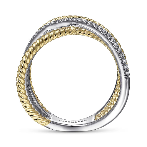 Gabriel & Co | 14K White-Yellow Gold Twisted Rope and Diamond Criss Cross Ring