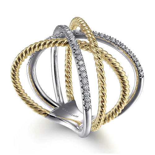 Gabriel & Co | 14K White-Yellow Gold Twisted Rope and Diamond Criss Cross Ring