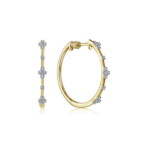 14K Yellow Gold 20mm Round Classic Diamond Hoop Earrings