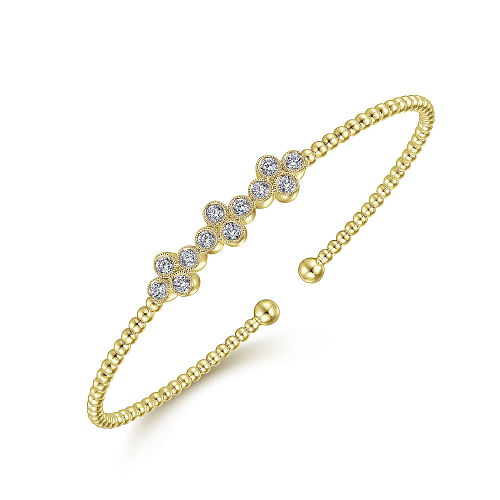 Gabriel & Co | 14K Yellow Gold Bujukan Bead Cuff Bracelet with Three Quatrefoil Diamond Stations
