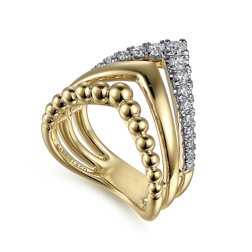 Gabriel & Co | 14K Yellow Gold Triple Row Bujukan Chevron Diamond Ring