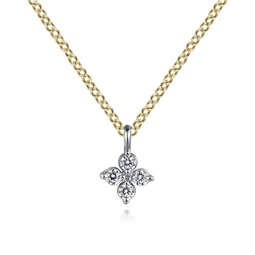 14K Yellow White Gold Diamond Flower Shape Pendant Necklace