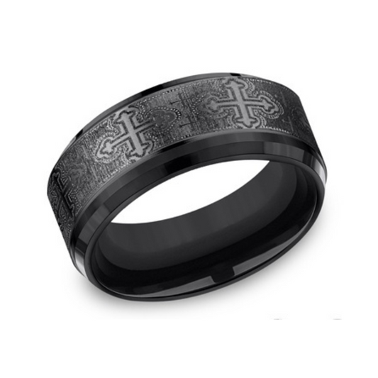 Benchmark | Black Titanium Comfort-Fit Cathedral Cross Design Wedding Band