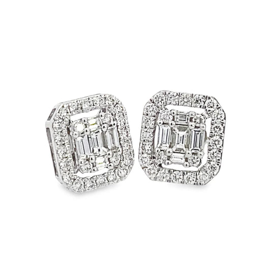 14K White Gold Diamond Emerald Cut Studs