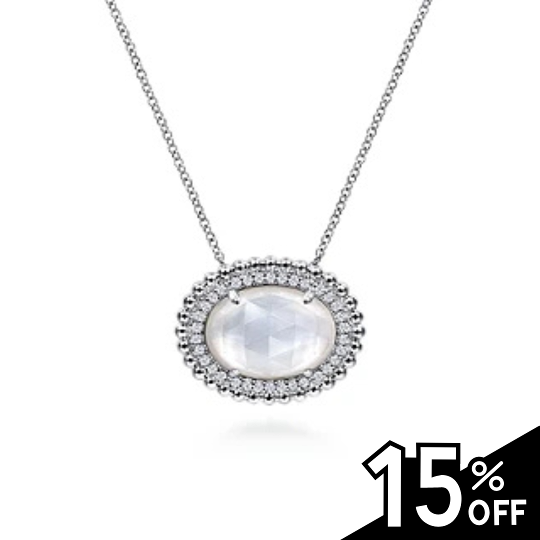 925 Sterling Silver White Sapphire and Rock Crystal and MOP Pendant Necklace